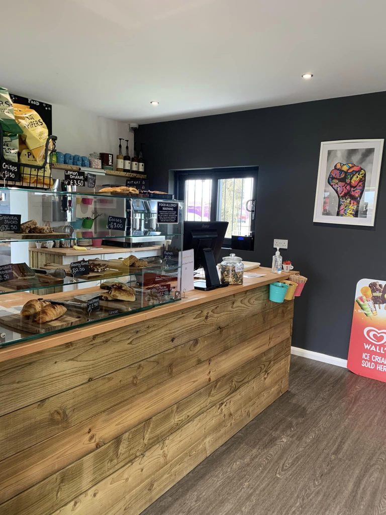 The café counter with snacks and cakes